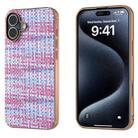 For iPhone 16 Plus Electroplated Frame Color Lattice Texture PU Phone Case(Purple) - 1