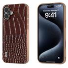 For iPhone 16 Plus ABEEL Electroplated Frame Genuine Leather Crocodile Pattern Phone Case(Coffee) - 1