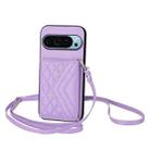 For Google Pixel 9 Pro XL Rhombic Texture Card Bag RFID Phone Case with Long Lanyard(Light Purple) - 1