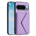 For Google Pixel 9 Pro XL Rhombic Texture Card Bag RFID Phone Case with Long Lanyard(Light Purple) - 3