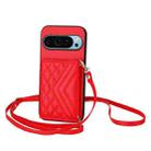 For Google Pixel 9 / 9 Pro Rhombic Texture Card Bag RFID Phone Case with Long Lanyard(Red) - 1