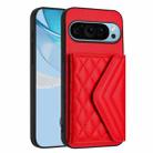 For Google Pixel 9 / 9 Pro Rhombic Texture Card Bag RFID Phone Case with Long Lanyard(Red) - 3