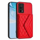 For Xiaomi Poco F5 Pro 5G Rhombic Texture Card Bag RFID Phone Case with Long Lanyard(Red) - 3