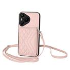 For Huawei Pura 70 Rhombic Texture Card Bag RFID Phone Case with Long Lanyard(Rose Gold) - 1