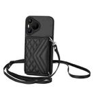 For Huawei Pura 70 Rhombic Texture Card Bag RFID Phone Case with Long Lanyard(Black) - 1