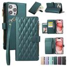 For iPhone 15 Pro Max Rhombic Zipper Wallet Leather Phone Case(Green) - 1