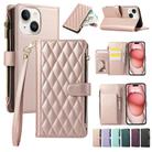 For iPhone 15 Plus Rhombic Zipper Wallet Leather Phone Case(Rose Gold) - 1