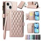 For iPhone 14 Plus Rhombic Zipper Wallet Leather Phone Case(Rose Gold) - 1