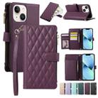 For iPhone 14 Rhombic Zipper Wallet Leather Phone Case(Deep Purple) - 1