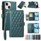 For iPhone 14 Rhombic Zipper Wallet Leather Phone Case(Green) - 1