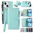 For iPhone 13 Rhombic Zipper Wallet Leather Phone Case(Cyan) - 1