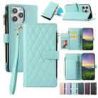 For iPhone 12 / 12 Pro Rhombic Zipper Wallet Leather Phone Case(Cyan) - 1