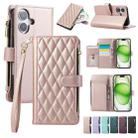 For iPhone 16 Plus Rhombic Zipper Wallet Leather Phone Case(Rose Gold) - 1