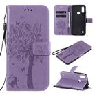 For Motorola Moto E6s (2020) Tree & Cat Embossed Pattern Horizontal Flip Leather Case with Holder & Card Slots & Wallet & Lanyard(Light Purple) - 1