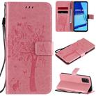 For Oppo A52 / A72 / A92 Tree & Cat Embossed Pattern Horizontal Flip Leather Case with Holder & Card Slots & Wallet & Lanyard(Pink) - 1