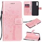 For Oppo Reno3 Pro 4G Tree & Cat Embossed Pattern Horizontal Flip Leather Case with Holder & Card Slots & Wallet & Lanyard(Rose Gold) - 1