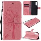 For Oppo Reno3 Pro 4G Tree & Cat Embossed Pattern Horizontal Flip Leather Case with Holder & Card Slots & Wallet & Lanyard(Pink) - 1