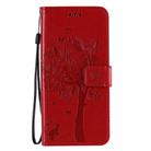 For Oppo Reno3 Pro 4G Tree & Cat Embossed Pattern Horizontal Flip Leather Case with Holder & Card Slots & Wallet & Lanyard(Red) - 1