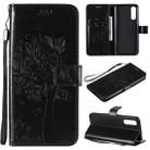 For Oppo Reno3 Pro 4G Tree & Cat Embossed Pattern Horizontal Flip Leather Case with Holder & Card Slots & Wallet & Lanyard(Black) - 1