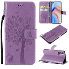For Oppo Reno4 5G Tree & Cat Embossed Pattern Horizontal Flip Leather Case with Holder & Card Slots & Wallet & Lanyard(Light Purple) - 1