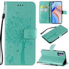 For Oppo Reno4 5G Tree & Cat Embossed Pattern Horizontal Flip Leather Case with Holder & Card Slots & Wallet & Lanyard(Green) - 1