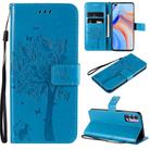 For Oppo Reno4 5G Tree & Cat Embossed Pattern Horizontal Flip Leather Case with Holder & Card Slots & Wallet & Lanyard(Blue) - 1