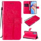 For Oppo Reno4 5G Tree & Cat Embossed Pattern Horizontal Flip Leather Case with Holder & Card Slots & Wallet & Lanyard(Rose Red) - 1