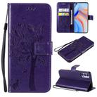 For Oppo Reno4 5G Tree & Cat Embossed Pattern Horizontal Flip Leather Case with Holder & Card Slots & Wallet & Lanyard(Purple) - 1