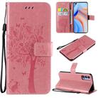 For Oppo Reno4 5G Tree & Cat Embossed Pattern Horizontal Flip Leather Case with Holder & Card Slots & Wallet & Lanyard(Pink) - 1