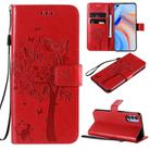 For Oppo Reno4 5G Tree & Cat Embossed Pattern Horizontal Flip Leather Case with Holder & Card Slots & Wallet & Lanyard(Red) - 1