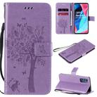 For Oppo Reno4 Pro 5G Tree & Cat Embossed Pattern Horizontal Flip Leather Case with Holder & Card Slots & Wallet & Lanyard(Light Purple) - 1