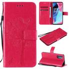 For Oppo Reno4 Pro 5G Tree & Cat Embossed Pattern Horizontal Flip Leather Case with Holder & Card Slots & Wallet & Lanyard(Rose Red) - 1