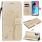 For Oppo Reno4 Pro 5G Tree & Cat Embossed Pattern Horizontal Flip Leather Case with Holder & Card Slots & Wallet & Lanyard(Gold) - 1