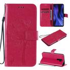 For Xiaomi Redmi 9 Tree & Cat Embossed Pattern Horizontal Flip Leather Case with Holder & Card Slots & Wallet & Lanyard(Rose Red) - 1