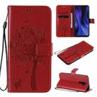 For Xiaomi Redmi 9 Tree & Cat Embossed Pattern Horizontal Flip Leather Case with Holder & Card Slots & Wallet & Lanyard(Red) - 1