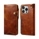 For iPhone 16 Pro Denior B01 Oil Wax Cowhide Magnetic Button Genuine Leather Case(Brown) - 1