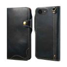 For iPhone 16e Denior B01 Oil Wax Cowhide Magnetic Button Genuine Leather Case(Blue) - 1