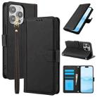 For iPhone 16 Pro Max Skin Feel Pure Color Card Slots Leather Phone Case with Dual Lanyard(Black) - 1