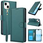 For iPhone 15 Plus Skin Feel Pure Color Card Slots Leather Phone Case with Dual Lanyard(Green) - 1