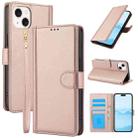 For iPhone 15 Plus Skin Feel Pure Color Card Slots Leather Phone Case with Dual Lanyard(Rose Gold) - 1