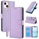 For iPhone 15 Plus Skin Feel Pure Color Card Slots Leather Phone Case with Dual Lanyard(Purple) - 1