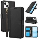 For iPhone 15 Skin Feel Pure Color Card Slots Leather Phone Case with Dual Lanyard(Black) - 1