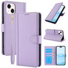 For iPhone 15 Skin Feel Pure Color Card Slots Leather Phone Case with Dual Lanyard(Purple) - 1