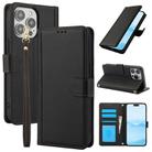 For iPhone 13 Pro Max Skin Feel Pure Color Card Slots Leather Phone Case with Dual Lanyard(Black) - 1