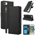 For iPhone 8 / 7 / SE 2022 / SE 2020 Skin Feel Pure Color Card Slots Leather Phone Case with Dual Lanyard(Black) - 1