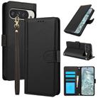 For Google Pixel 9 Pro XL Skin Feel Pure Color Card Slots Leather Phone Case with Dual Lanyard(Black) - 1