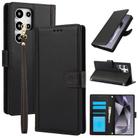 For Samsung Galaxy S22 Ultra 5G Skin Feel Pure Color Card Slots Leather Phone Case with Dual Lanyard(Black) - 1