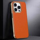 For iPhone 16 Pro First Layer Cowhide Leather Electroplated PC Phone Case(Orange) - 1