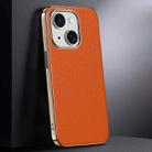 For iPhone 14 First Layer Cowhide Leather Electroplated PC Phone Case(Orange) - 1