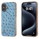 For iPhone 16 ABEEL Electroplating Frame Genuine Leather Ostrich Texture Phone Case(Dark Blue) - 1